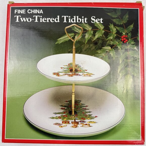 Vintage Two-Tiered Tidbit Set Fine China Holiday Desert Tray Christmas Tree - Picture 11 of 16